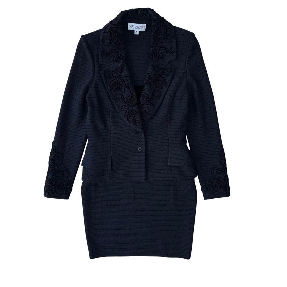 St. John Evening Black Embellished Knit Skirt Suit Set Jacket & Pencil Skirt, 6